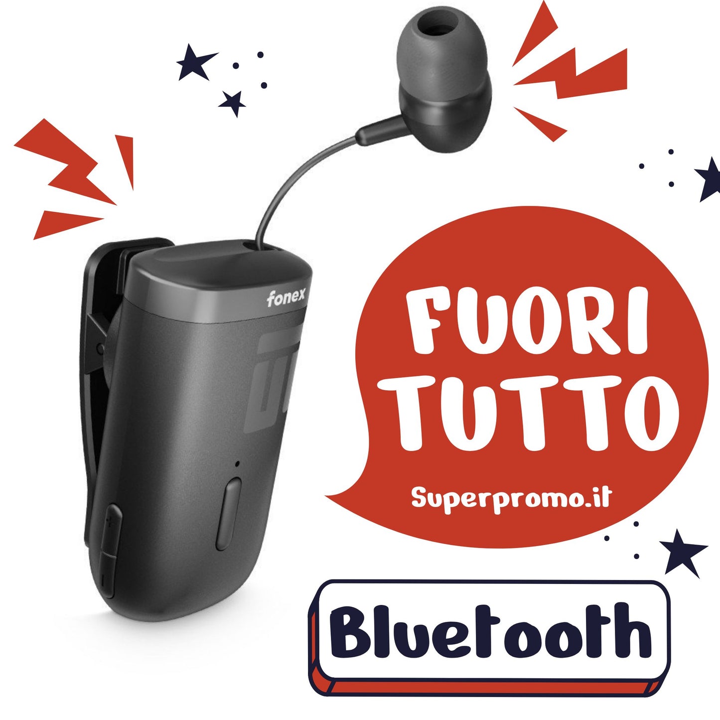 FONEX Auricolare BlueTooth con Cavo Retrattile e Clip, alta qualità