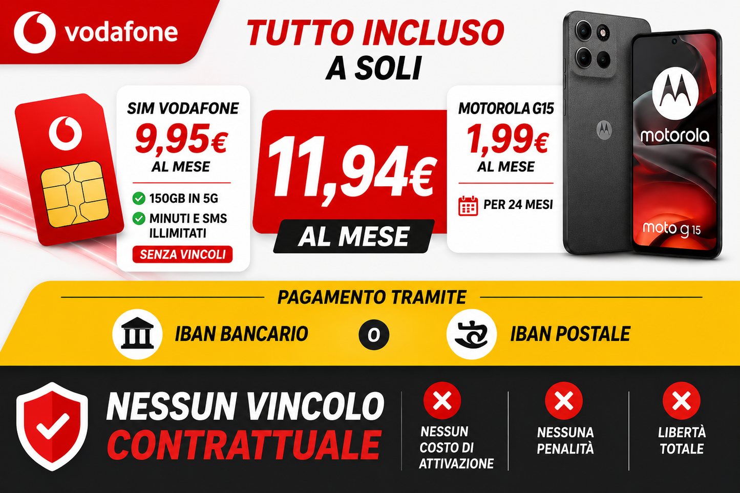 MOTOROLA G15 + SIM VODAFONE 150B a 11,94€ al mese senza vincoli