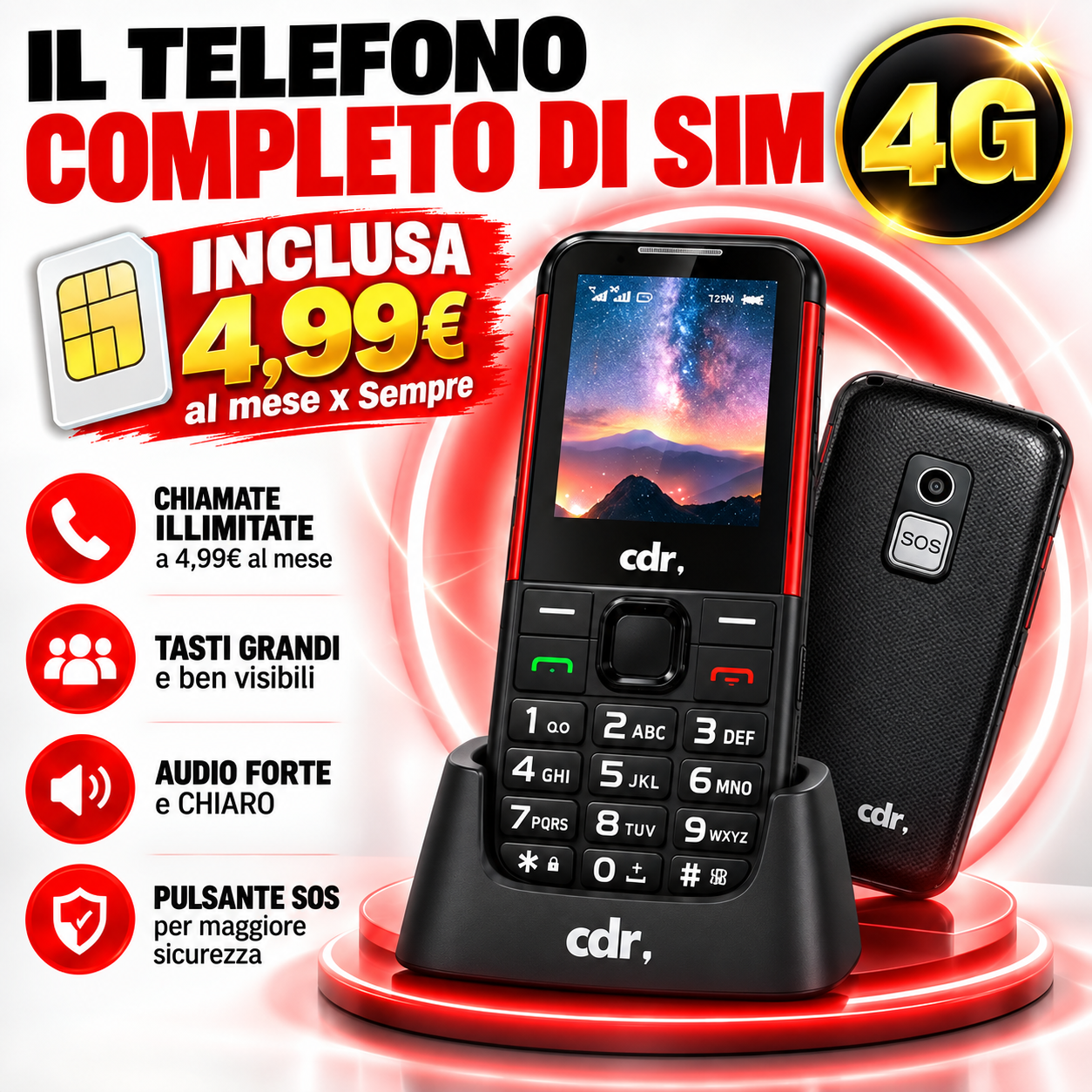 Cellulare Senior Dual SIM con Tasto SOS, Tasti Grandi, Sim Inclusa con Chiamate