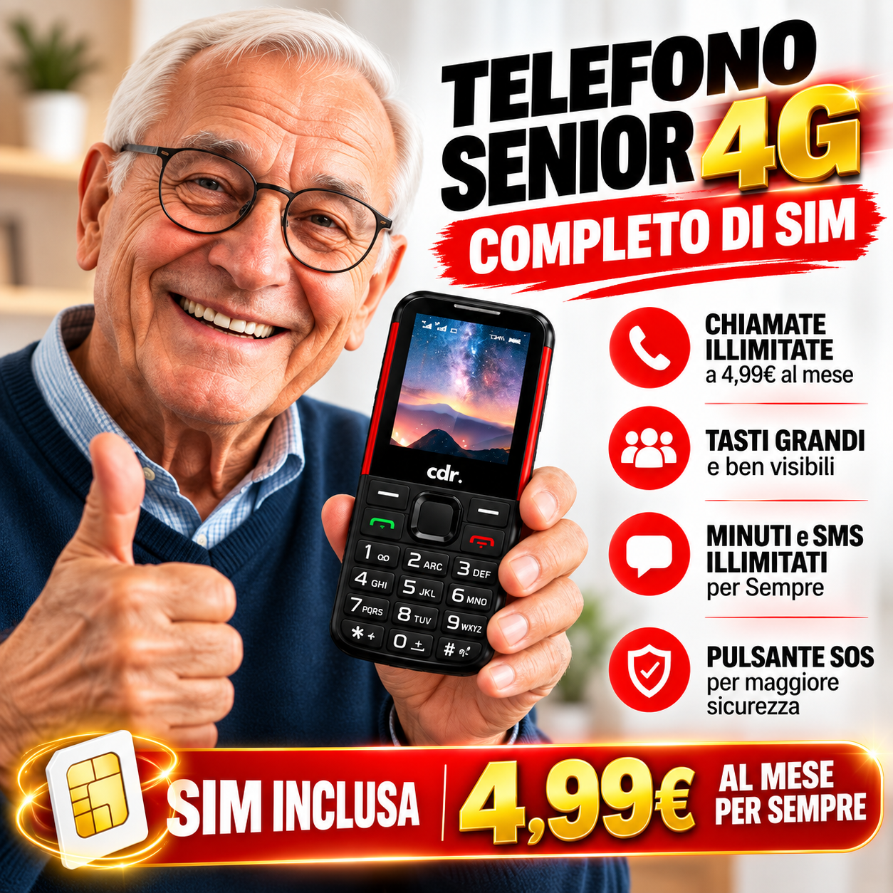 Cellulare Senior Dual SIM con Tasto SOS, Tasti Grandi, Sim Inclusa con Chiamate
