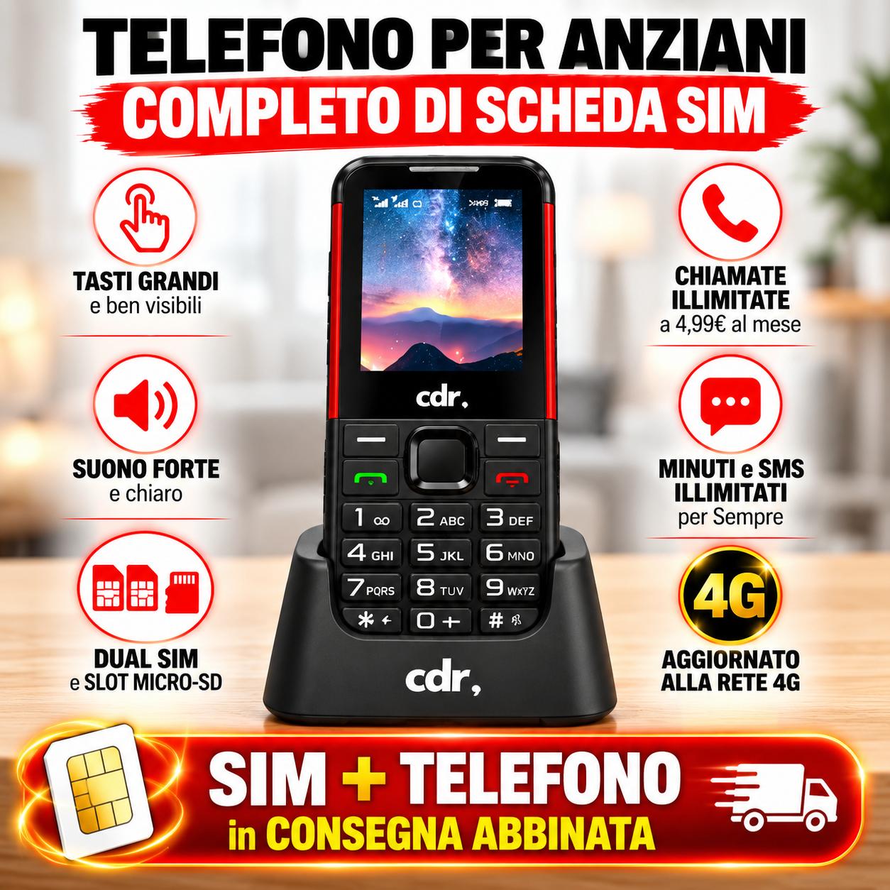 Cellulare Senior Dual SIM con Tasto SOS, Tasti Grandi, Sim Inclusa con Chiamate