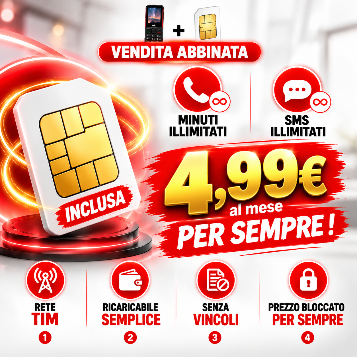 Cellulare Senior Dual SIM con Tasto SOS, Tasti Grandi, Sim Inclusa con Chiamate