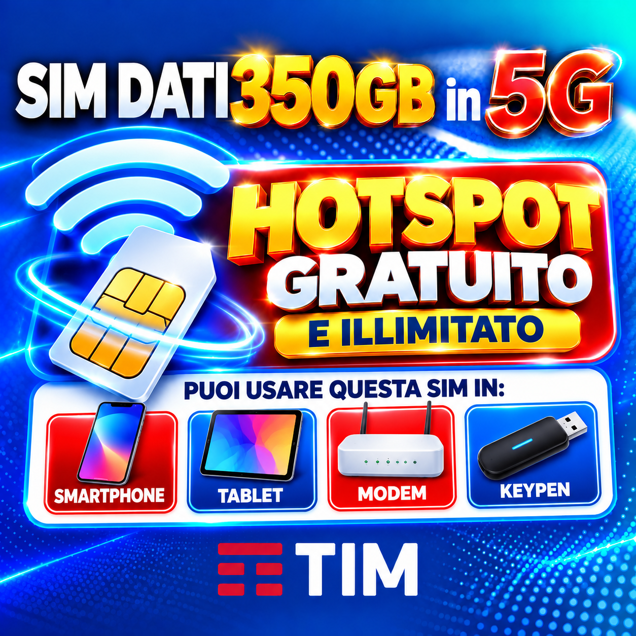TIM SIM DATI 350GB IN 5G a 6,99€ AL MESE - RICARICABILE SENZA RESTRIZIONI - HOTSPOT ILLIMITATO